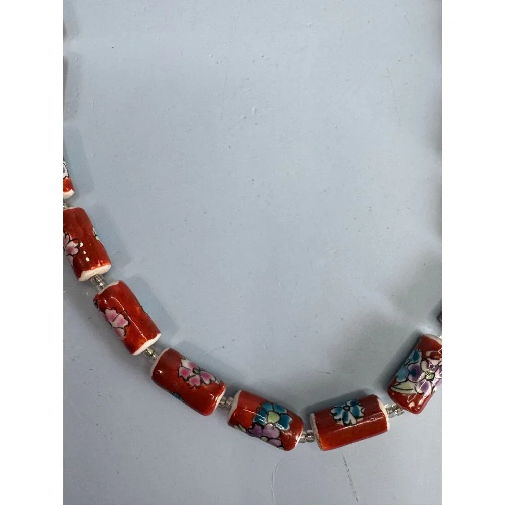 Vintage Chinese Cloisonne Floral Glass Bead Necklace With Barrel Clasp 22" Red M - Picture 7 of 9